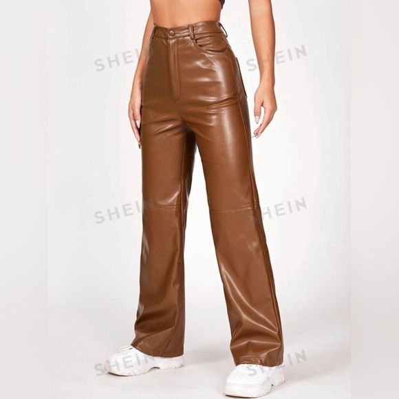 SHEIN PETITE XXS Brown Faux Leather Pants - Picture 2 of 16